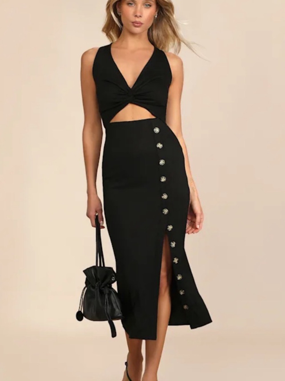 Trend Seeker Black Ribbed Twist-Front Cutout Midi Dress